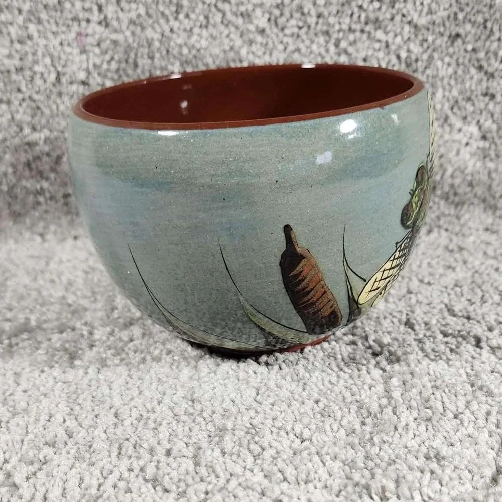 Studio Pottery‎ Dragonfly Cattail Ceramic Bowl Blue Terracotta Signed Small